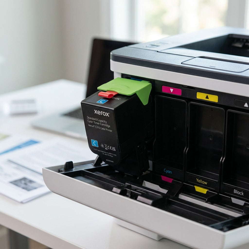 A photograph of the 006R04357 cyan toner cartridge positioned inside a Xerox color printer's open access bay.