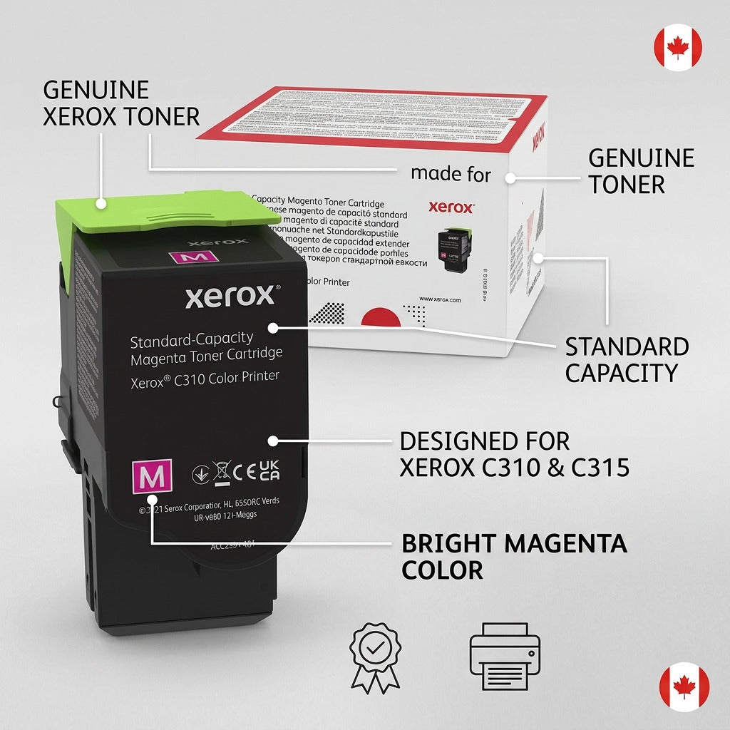 PDP feature infographic of Xerox 006R04358 magenta toner, highlighting genuine toner, capacity, compatibility, and color.