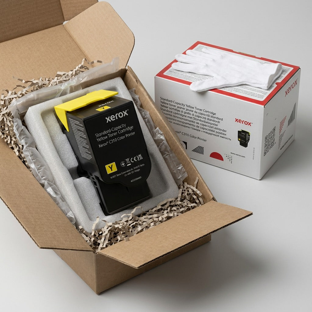 A Xerox 006R04359 Yellow Toner Cartridge, exactly detailed, and its box, are displayed. The box shows standard markings, including the yellow indicator and partial model info. Both items rest secure within a custom foam insert inside a shipping carton. All elements are clean, well-lit, and focus on the product, emphasizing product safety during transit.