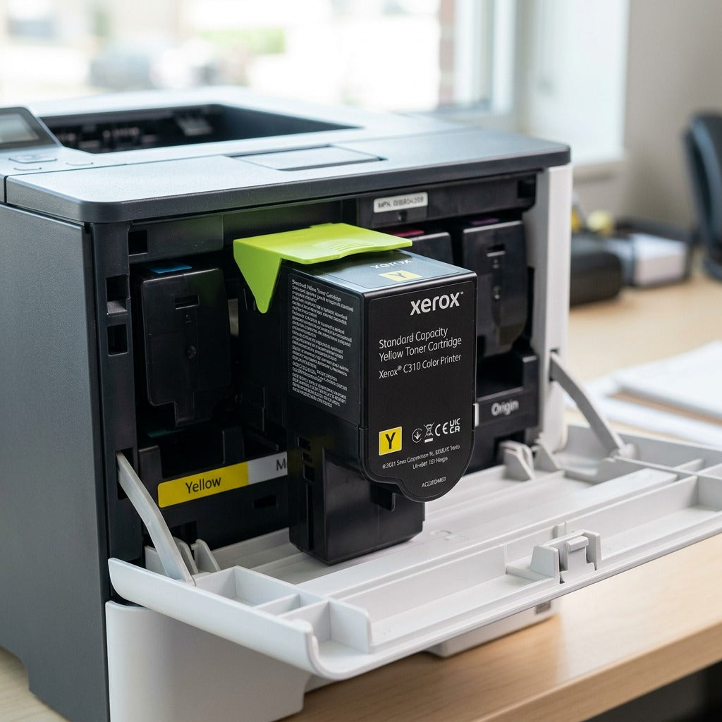 A lifestyle image showing the yellow toner cartridge in the open slot of a printer in an office.