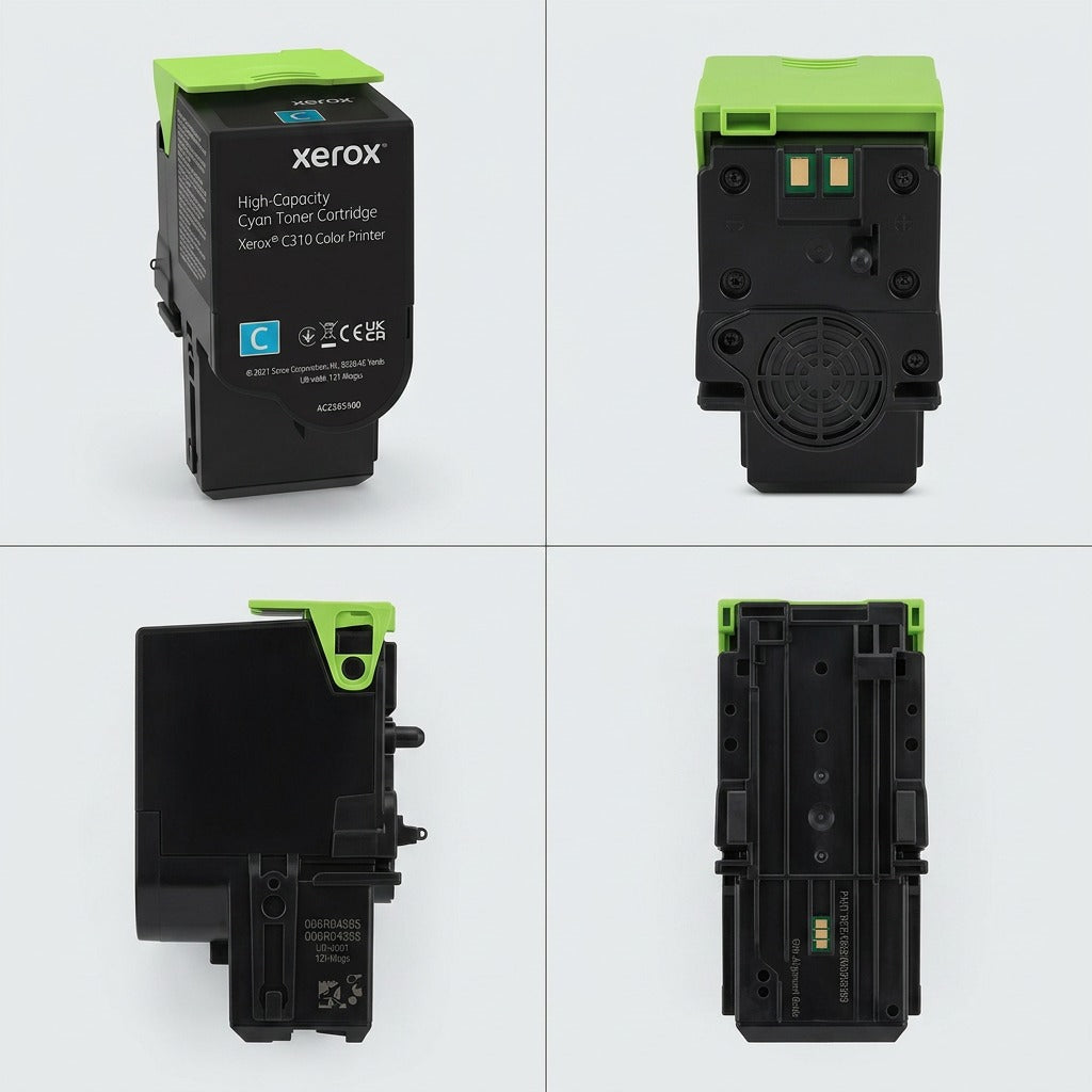 A four-panel matrix displaying the Genuine Xerox Cyan Toner Cartridge from front, back, top, and bottom angles, illustrating the precise shape and key features for the C310 and C315 printers.