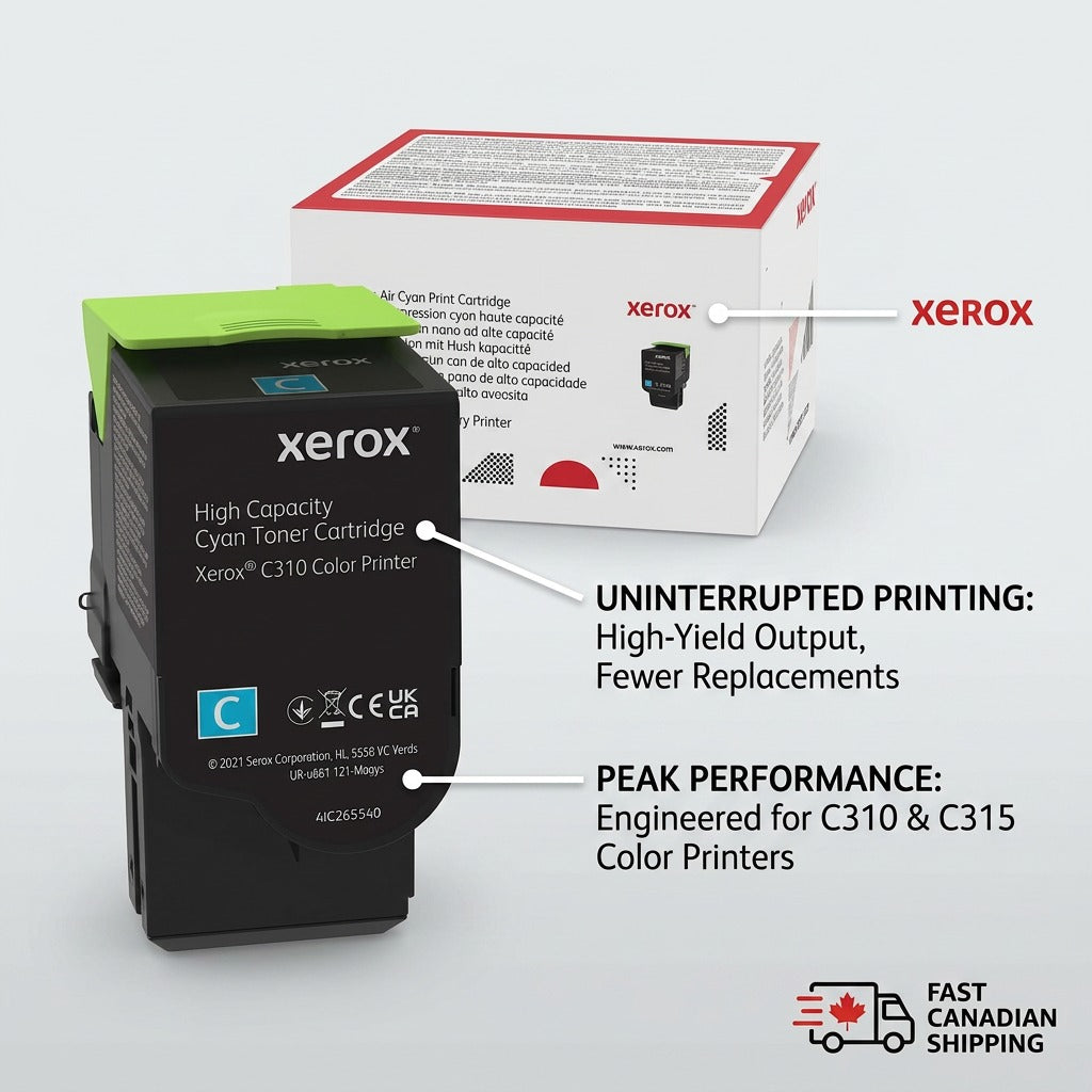 Vibrantly colored Xerox 006R04365 Cyan toner cartridge with product benefits emphasized.