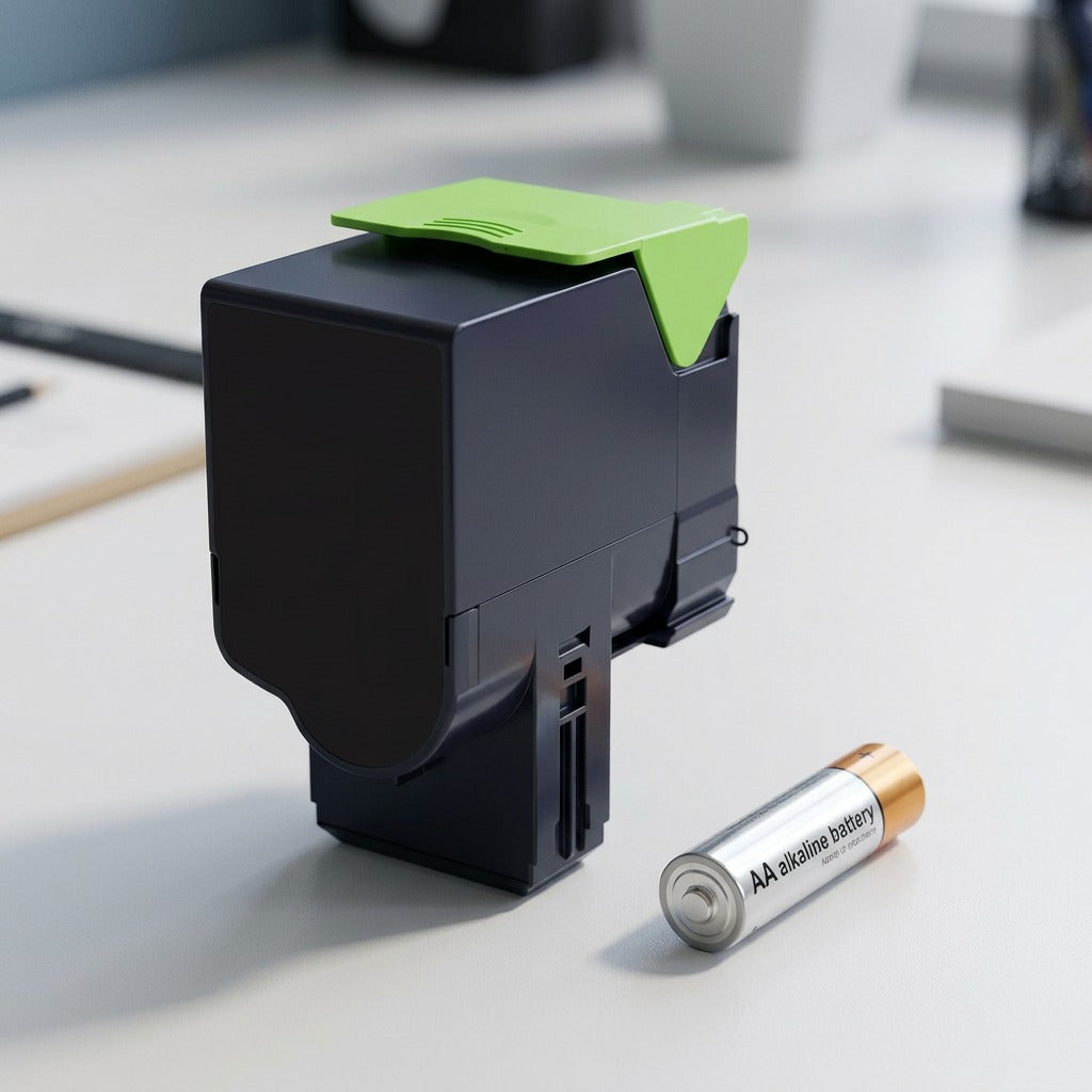 An alkaline AA battery provides a scale reference for the compact magenta toner cartridge on an office desk.