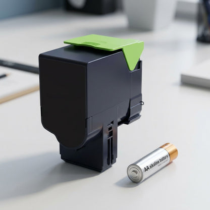 An alkaline AA battery provides a scale reference for the compact magenta toner cartridge on an office desk.
