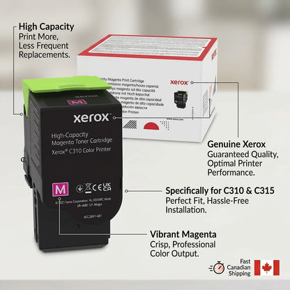 Product graphic: Genuine Xerox magenta high-capacity toner cartridge for C310 & C315 printers with feature callouts.