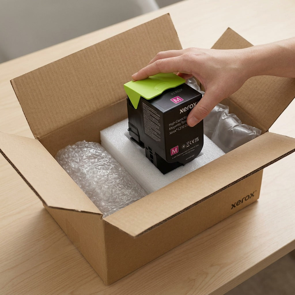 Cradle-packed Xerox 006R04366 magenta toner cartridge secure within custom molded foam and shipping box.