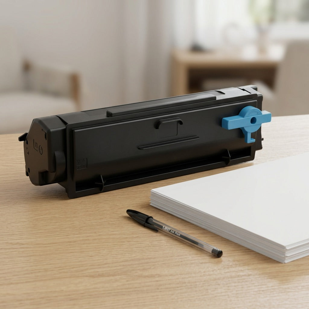 Canonically-shaped Xerox 006R04377 toner sits on a desk with a pen and a stack of paper for scale comparison.