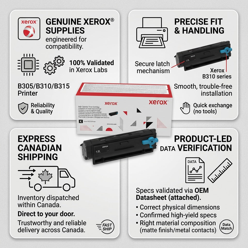 Information graphic about Xerox 006R04377 Genuine Toner: details on cartridge, packaging, support, and speed.