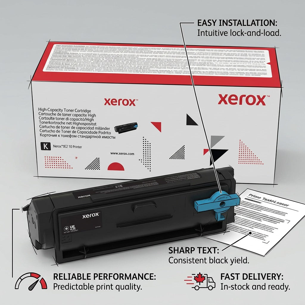 An e-commerce feature callout image showing the properties of the high-capacity Xerox black toner.