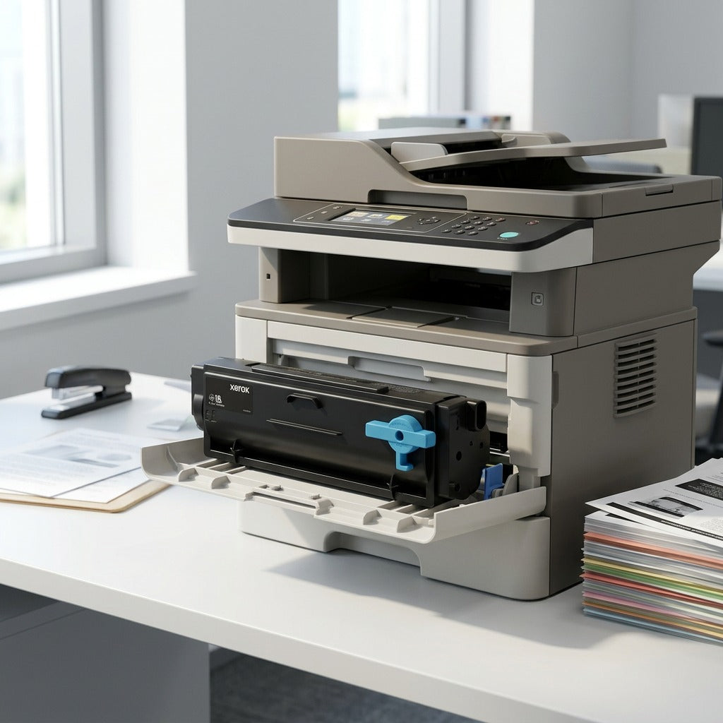 Realistic office scene: A Xerox black toner cartridge rests on a printer tray, ready for use.