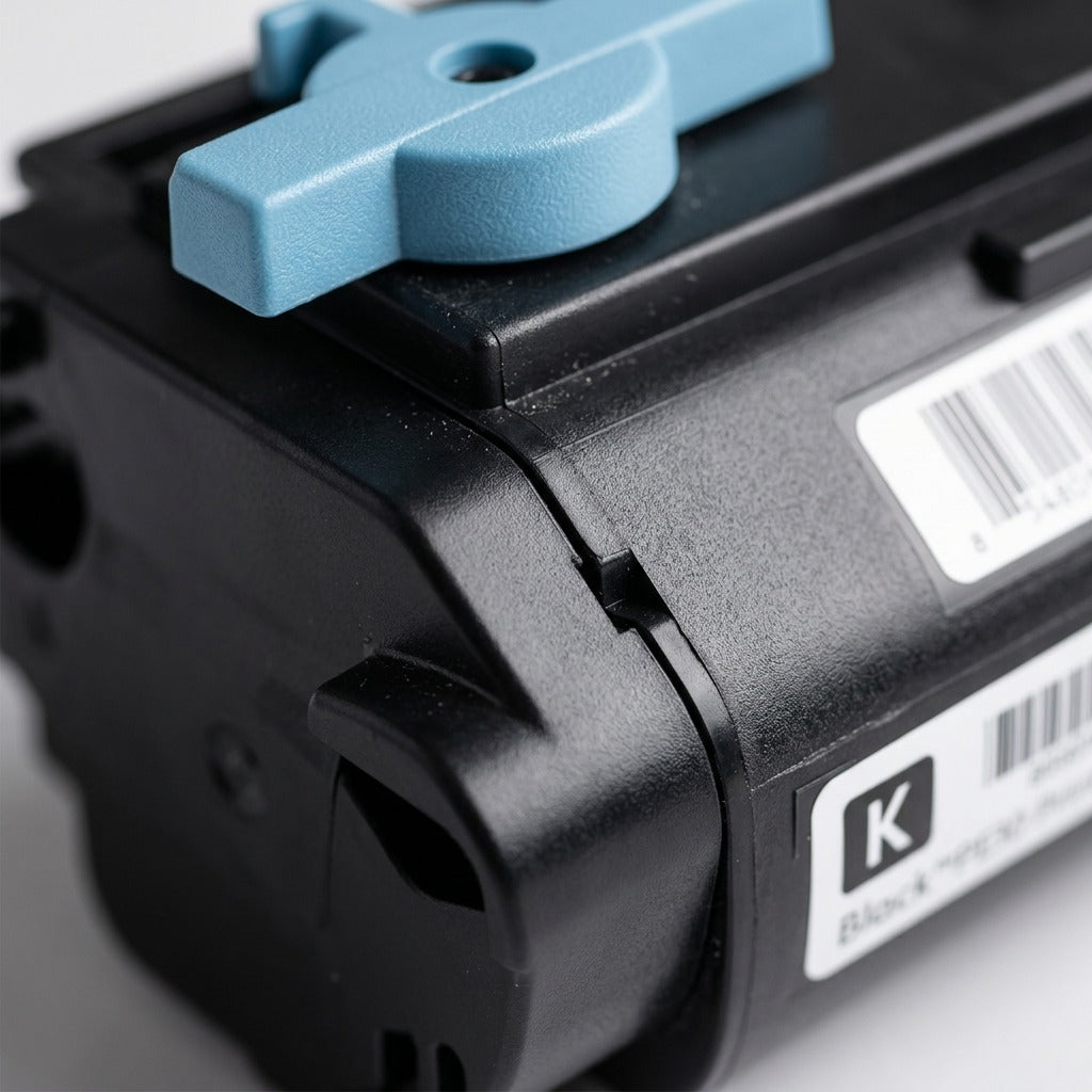 Macro photo detailing the high-yield black toner hopper and cartridge seams.