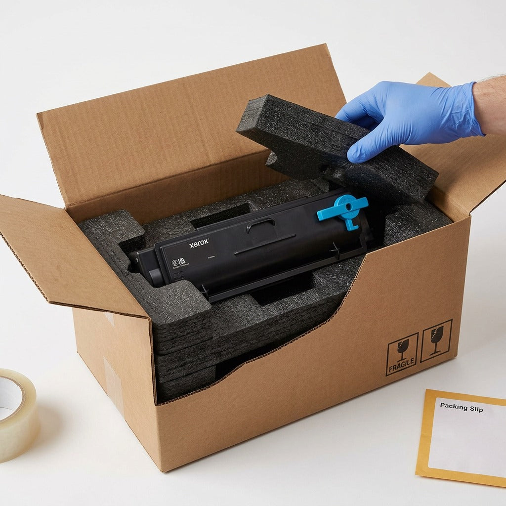 An unboxing scene shows the Xerox 006R04377 black toner cartridge (MPN: 006R04377) inside a custom cardboard insert, surrounded by protective foam within an open shipping box. No text.