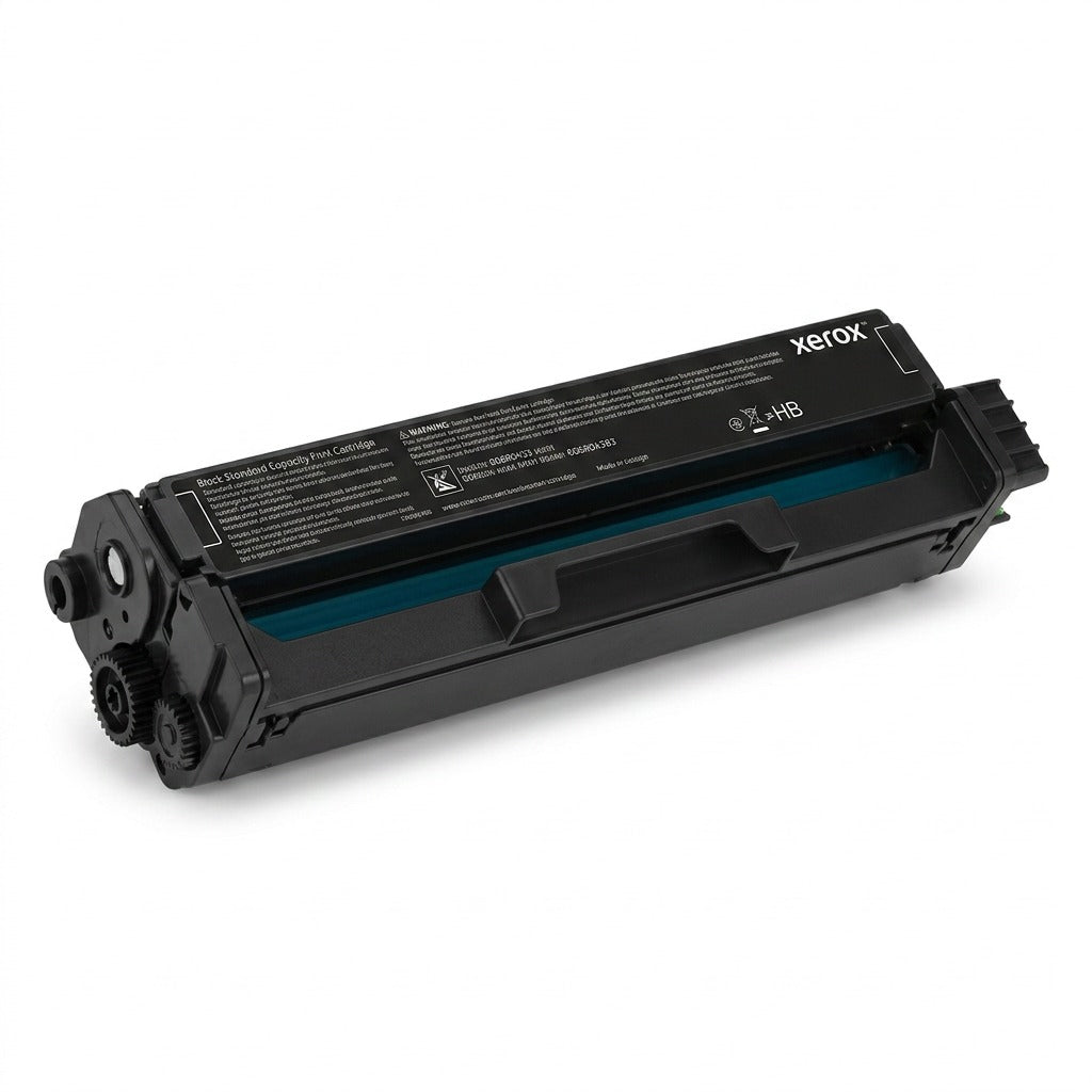 Studio shot of a genuine Xerox 006R04383 black standard capacity toner cartridge.