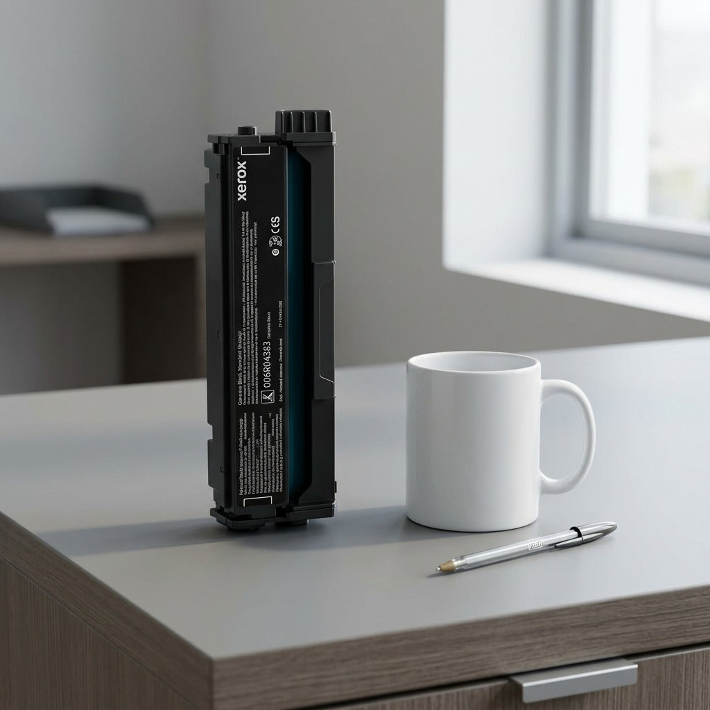 A visual scale comparison showing the Xerox Black Print Cartridge next to a standard ceramic coffee mug on a desk.