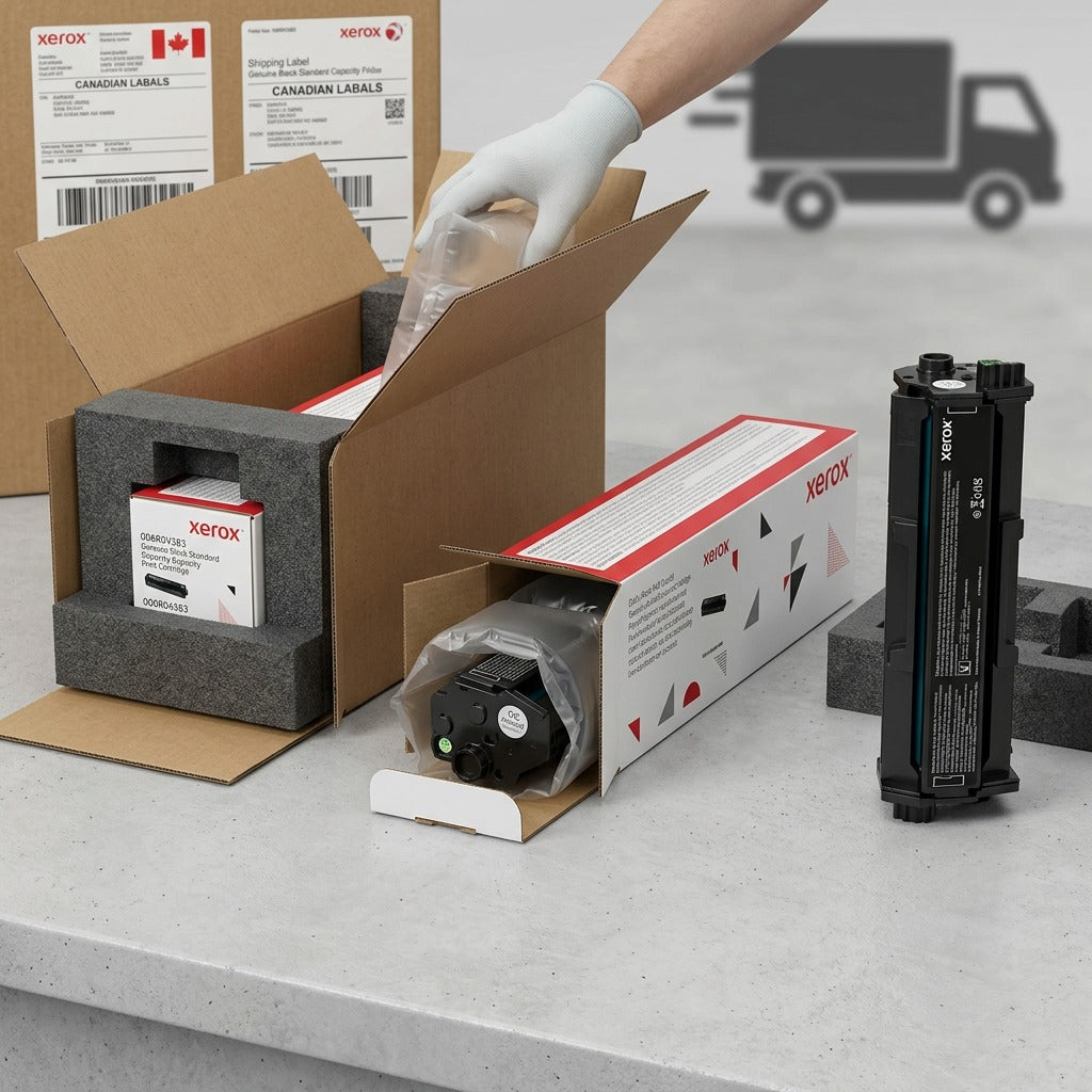 A matrix of images showing the safe arrival and unboxing of a Xerox toner cartridge.
