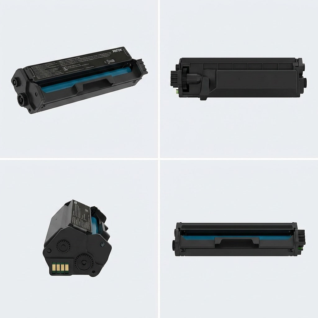 Four-panel grid matrix showing the exact Xerox 006R04383 black toner from front, rear, bottom, and top angles.