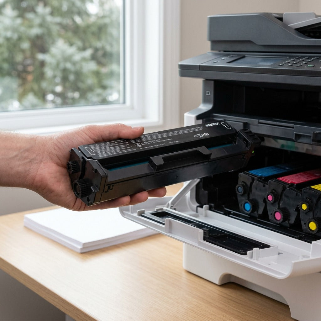 Lifestyle photo showing the black Xerox 006R04383 toner cartridge being installed into the C235 multifunction printer's open tray in a clean home office, natural light.