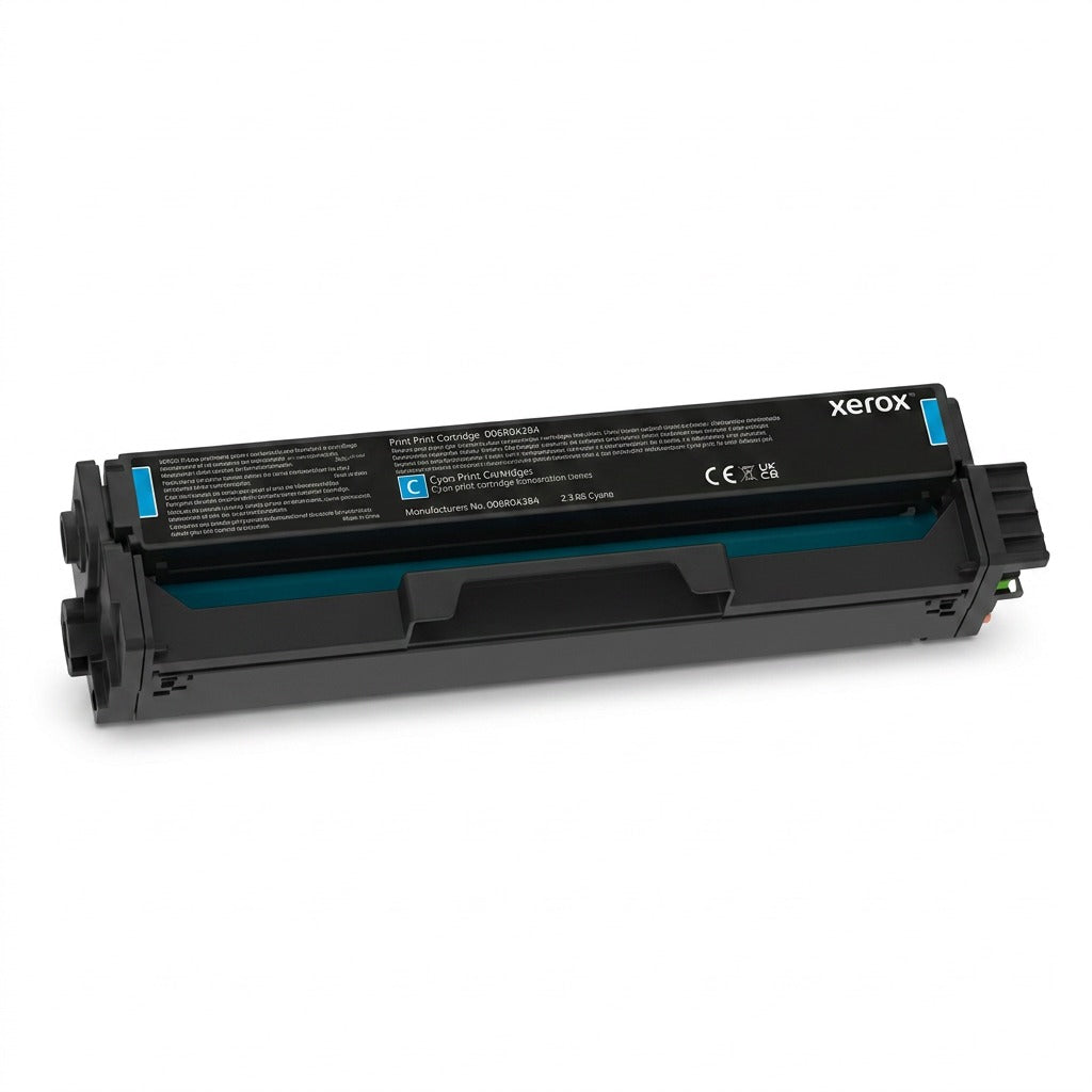 A crisp, high-resolution hero shot of the Xerox 006R04384 Cyan Print Cartridge, viewed from the front-quarter. It is a genuine 006R04384, with its standard capacity cyan ink indicator clearly visible on a black body, set against a seamless pure white background for ecommerce.