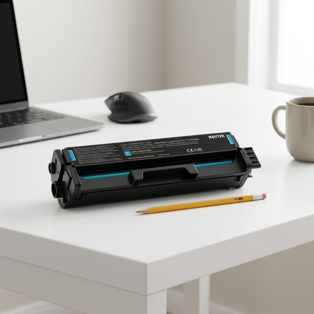 Xerox cyan toner cartridge 006R04384 next to a laptop and pencil for scale, on a white desk.