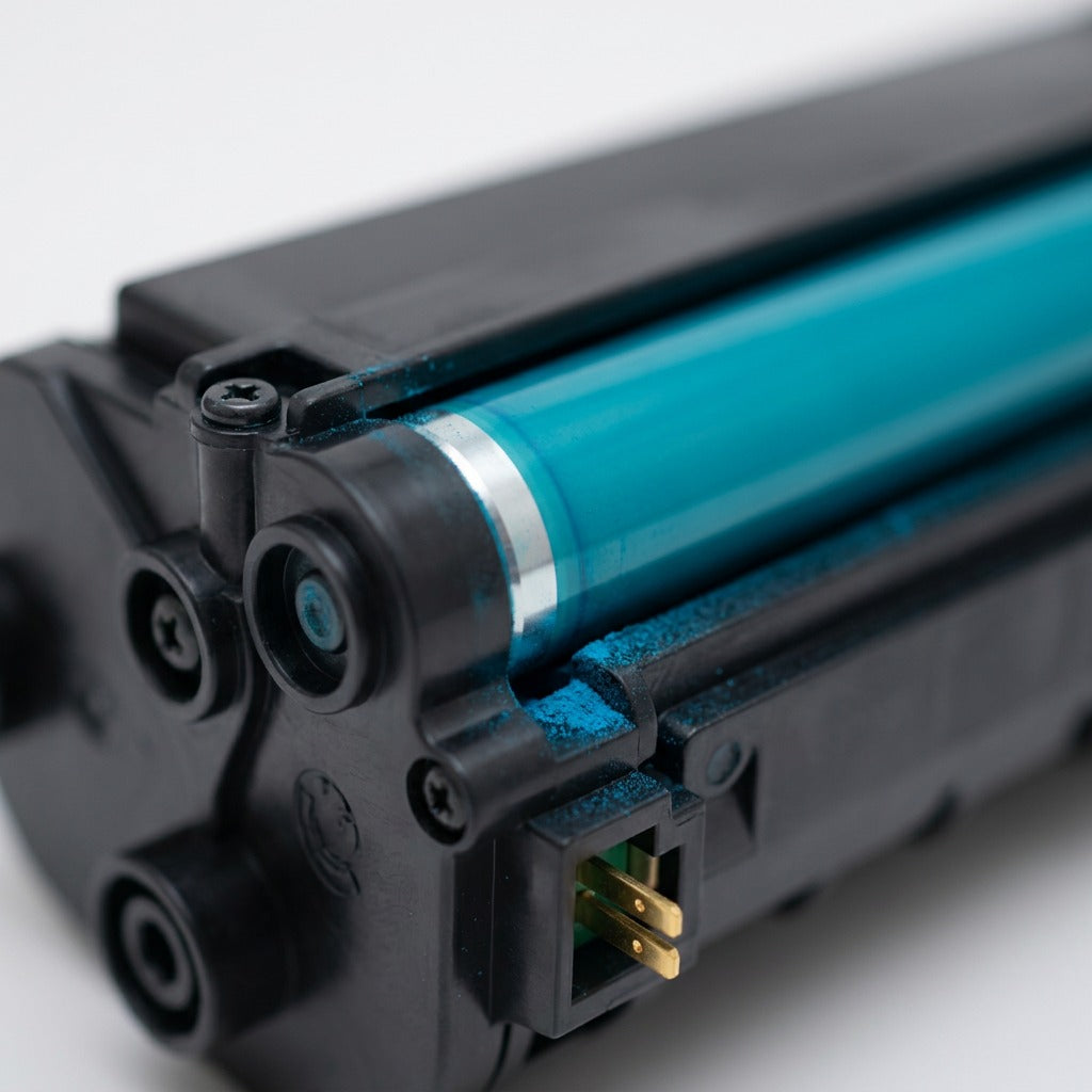 Macro photograph of printer cartridge drum, electrical contacts, screws, and fine toner particles.
