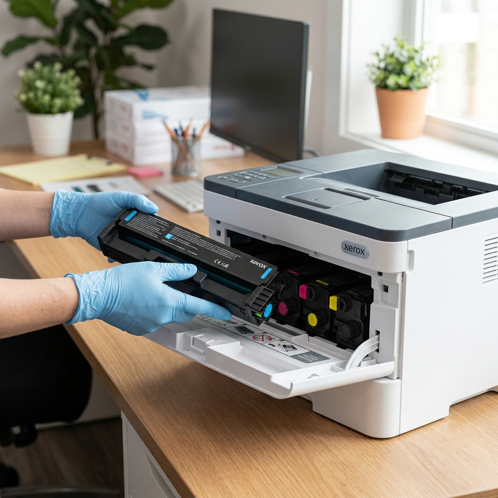 A genuine standard capacity Xerox Cyan cartridge being installed into a compatible Xerox office printer.