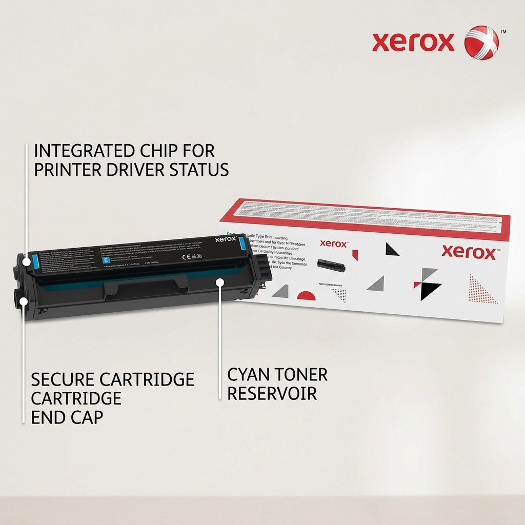 Ecommerce graphic of Xerox 006R04384 Cyan print cartridge with feature callout labels.