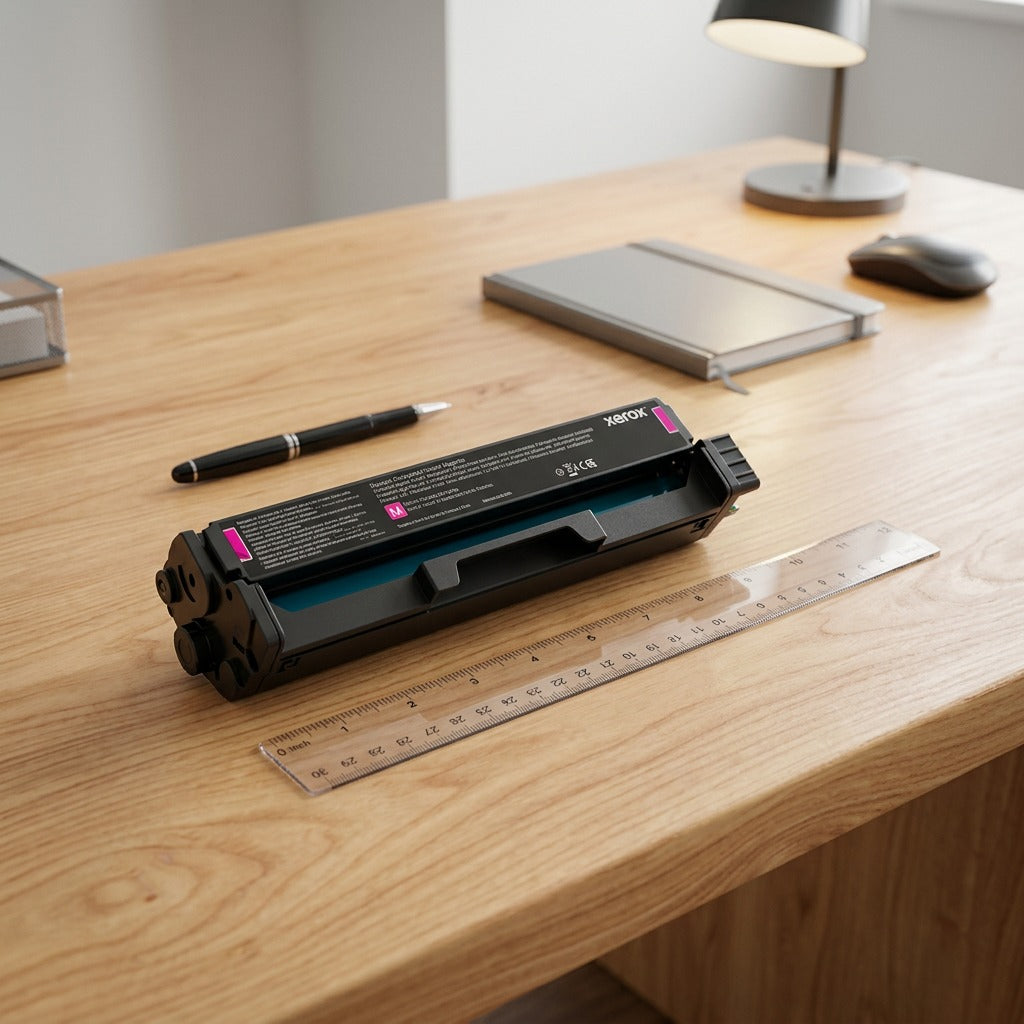 Real-world scale comparison: Xerox 006R04385 cartridge beside a ruler and pen on a wood desk.
