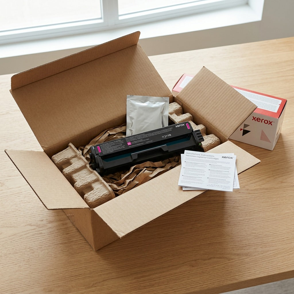 A premium unboxing scene featuring the specific Xerox C230/C235 magenta toner cartridge.