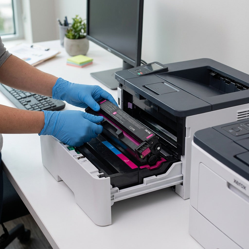 A person's hands holding a magenta Xerox toner cartridge over a monochrome paper-filled office printer drawer.