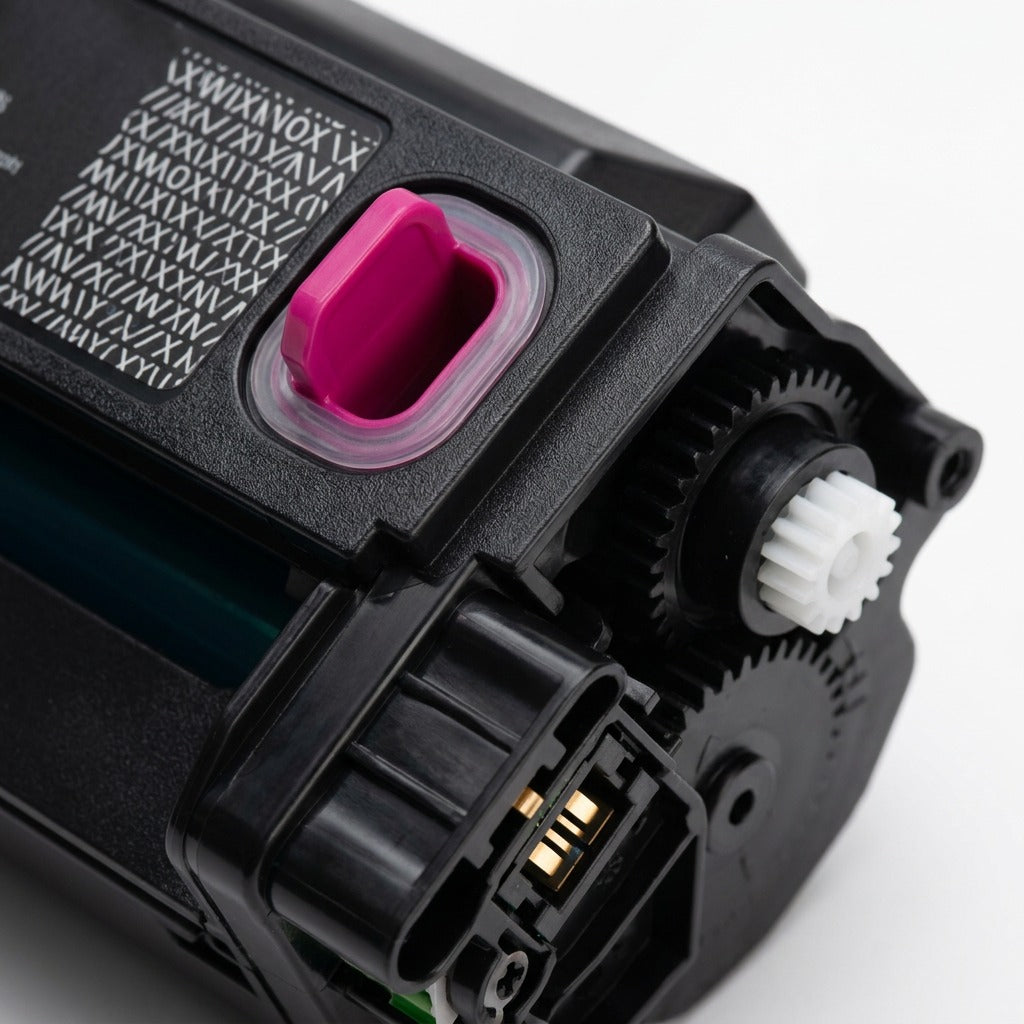 Extreme macro image focuses on the magenta chip contacts and gear on the Xerox print cartridge.