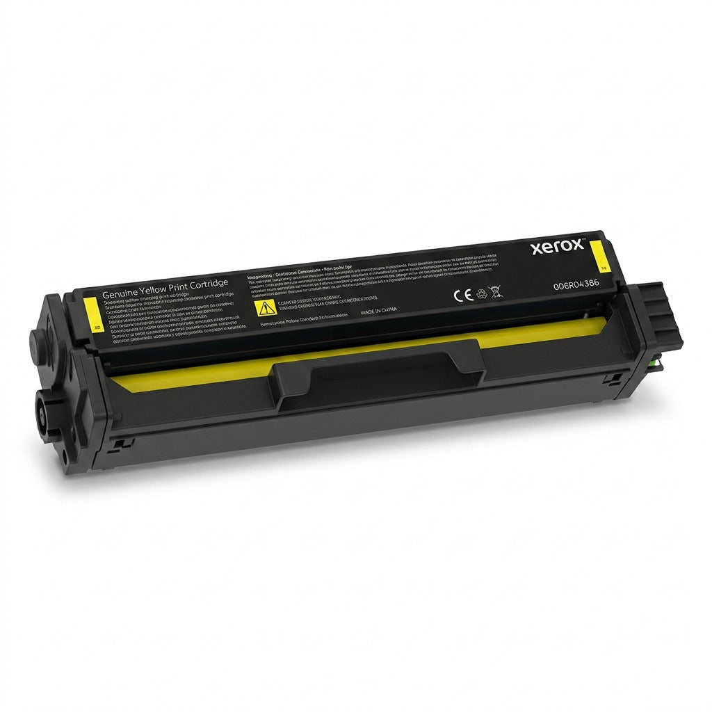 A crisp, pure white, high-resolution hero shot of one Xerox 006R04386 Yellow Toner Cartridge, product image 1.