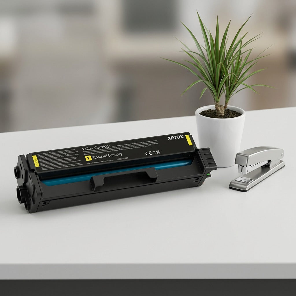 A standard Xerox Yellow toner cartridge placed alongside common office items like a plant and stapler on a desk, providing a clear visual scale reference.