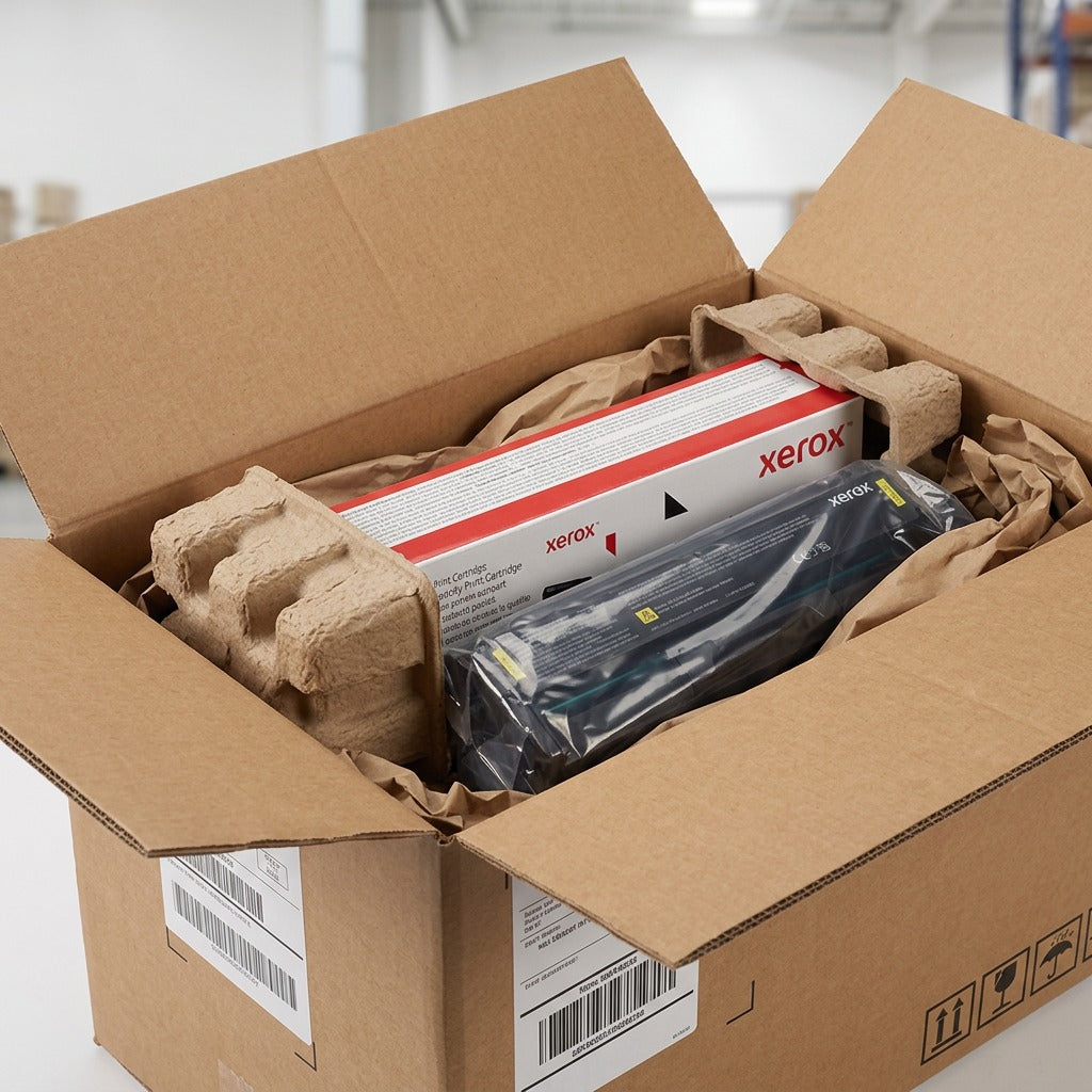 Open delivery box securely holds the protected Xerox 006R04386 print cartridge for safe transit.