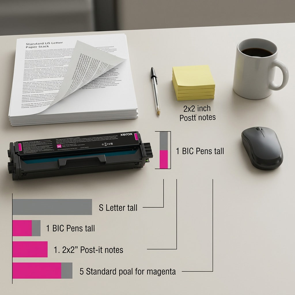 A 1:1 scale illustration of a magenta toner cartridge next to standard office items.