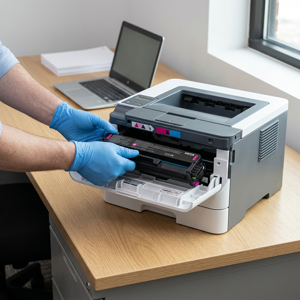 Lifestyle photo: Hands installing a Xerox magenta toner cartridge into a printer in a home office.