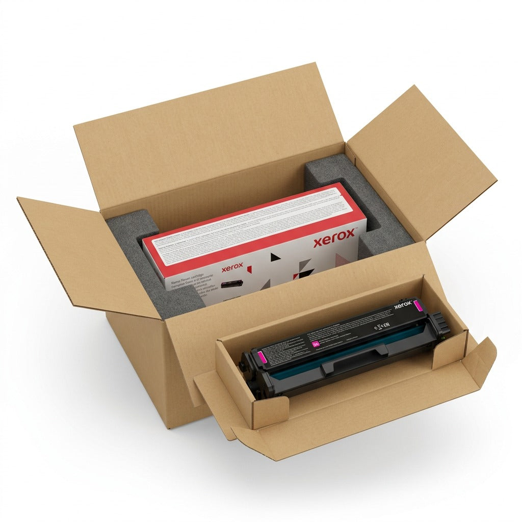 A photorealistic unboxing scene showing the canonical Xerox 006R04393 toner and box protected by form-fitting cardboard inserts..