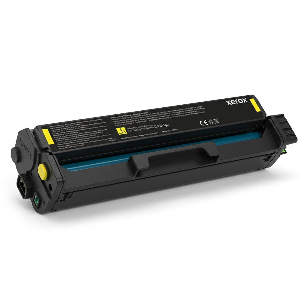 A high-resolution photo of the Xerox 006R04394 Yellow Toner Cartridge, as shown in the reference image, cleanly centered on a pure white background with realistic shadows. The Xerox logo on the cartridge is visible.