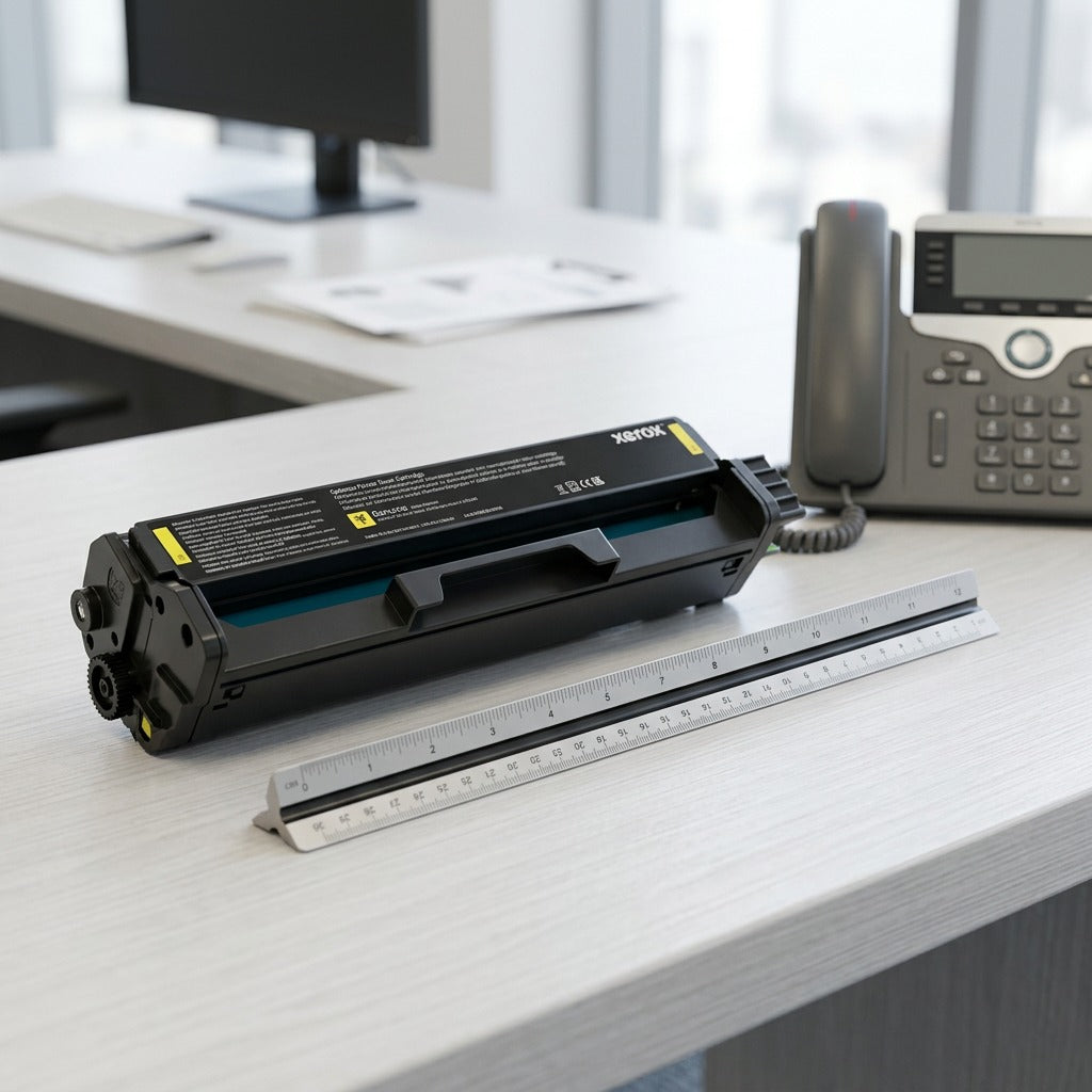 Xerox 006R04394 toner shown with a ruler for scale reference in an office setting.