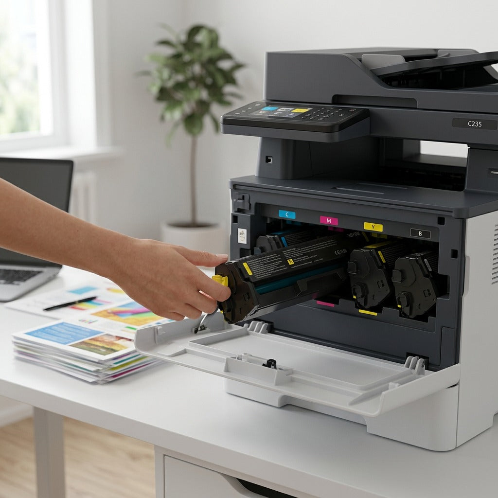 A high capacity yellow Xerox toner cartridge in use inside a C230/C235 printer.