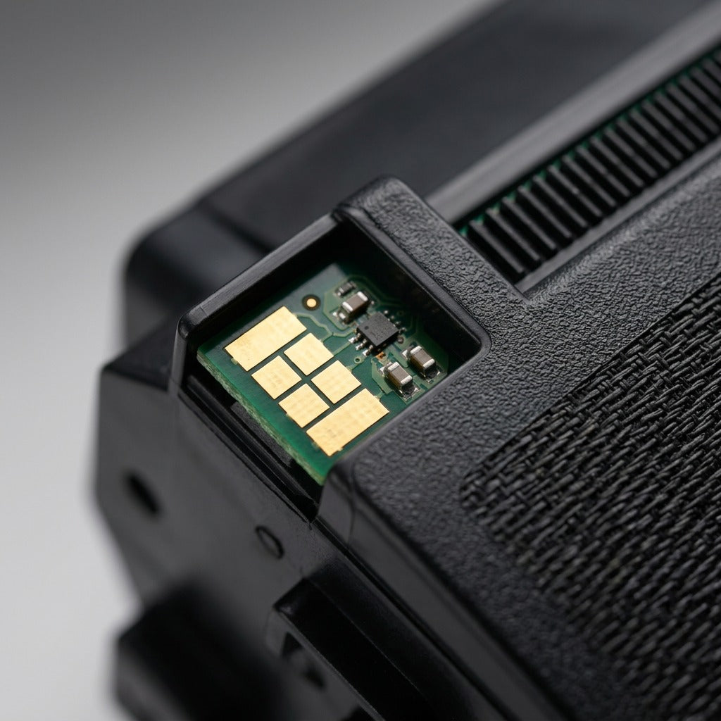 Macro photograph focusing on the data chip, electrical contacts, and textured casing of the specific Xerox cartridge.