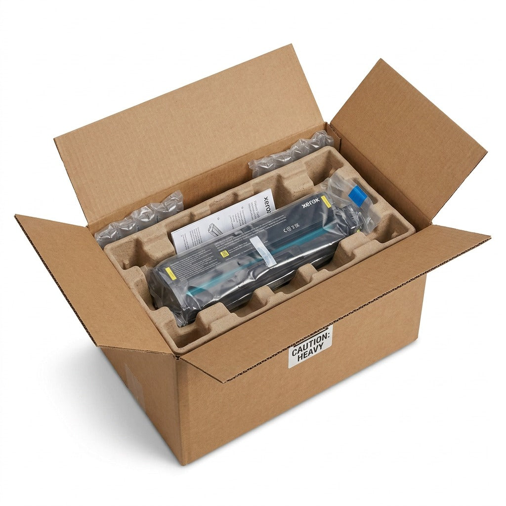 Securely packaged print cartridge in bubble wrap in its box.