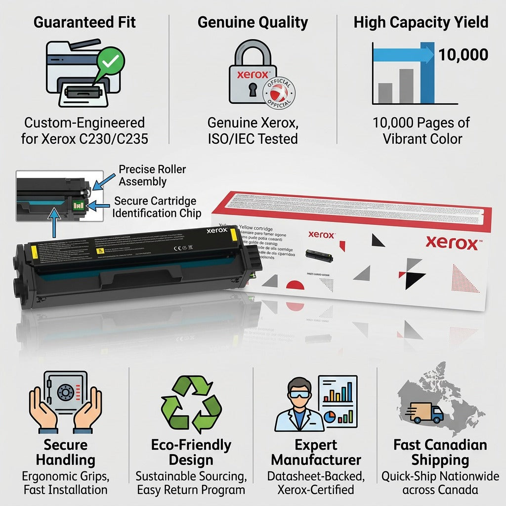 Infographic matrix showing a Xerox Genuine 006R04394 cartridge with confidence icons: Guaranteed Fit, Fast Canada Shipping, and High Capacity.