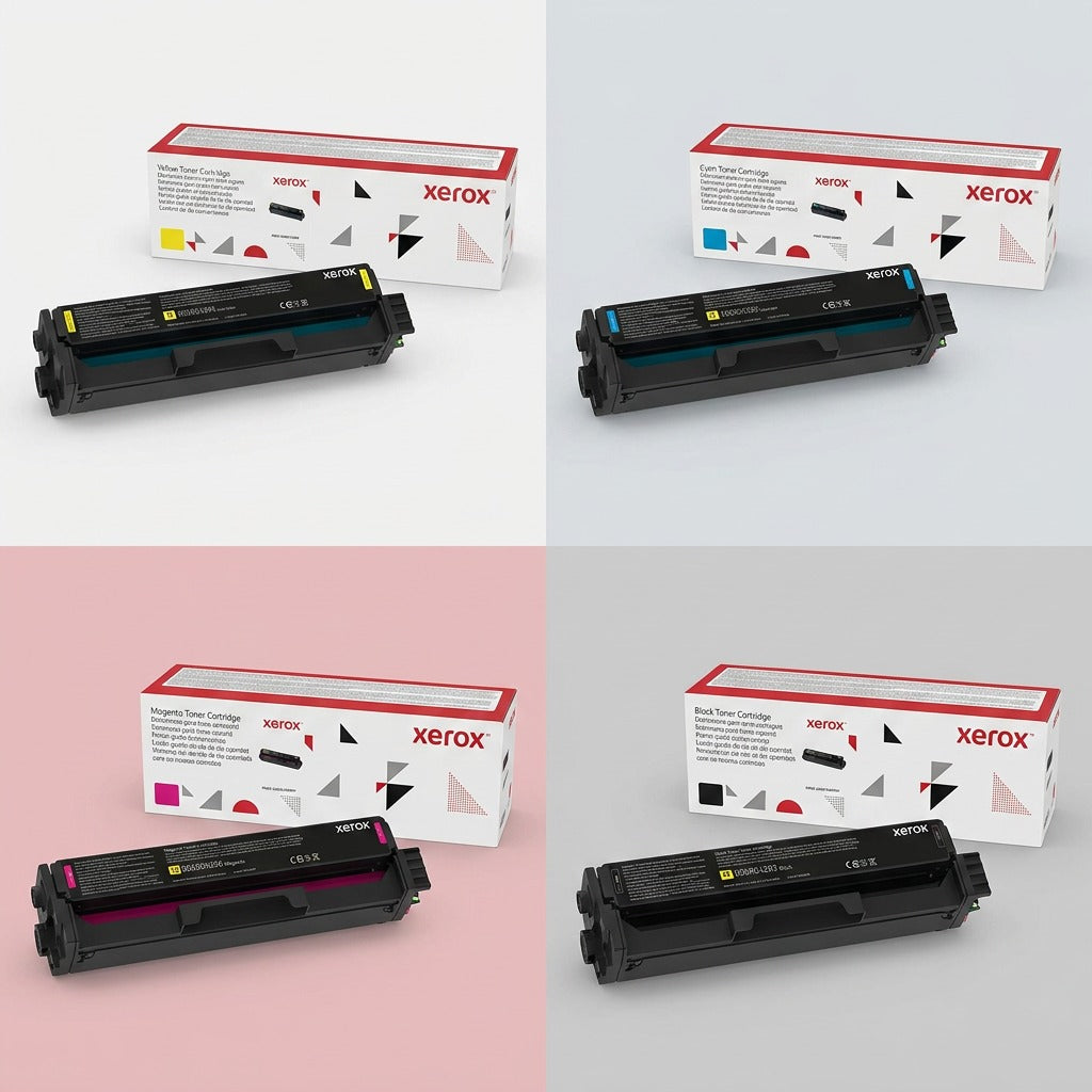 A grid displaying the Xerox 006R04394 Yellow toner and its corresponding Black, Cyan, and Magenta cartridges, with boxes, from multiple angles with premium ecommerce lighting.