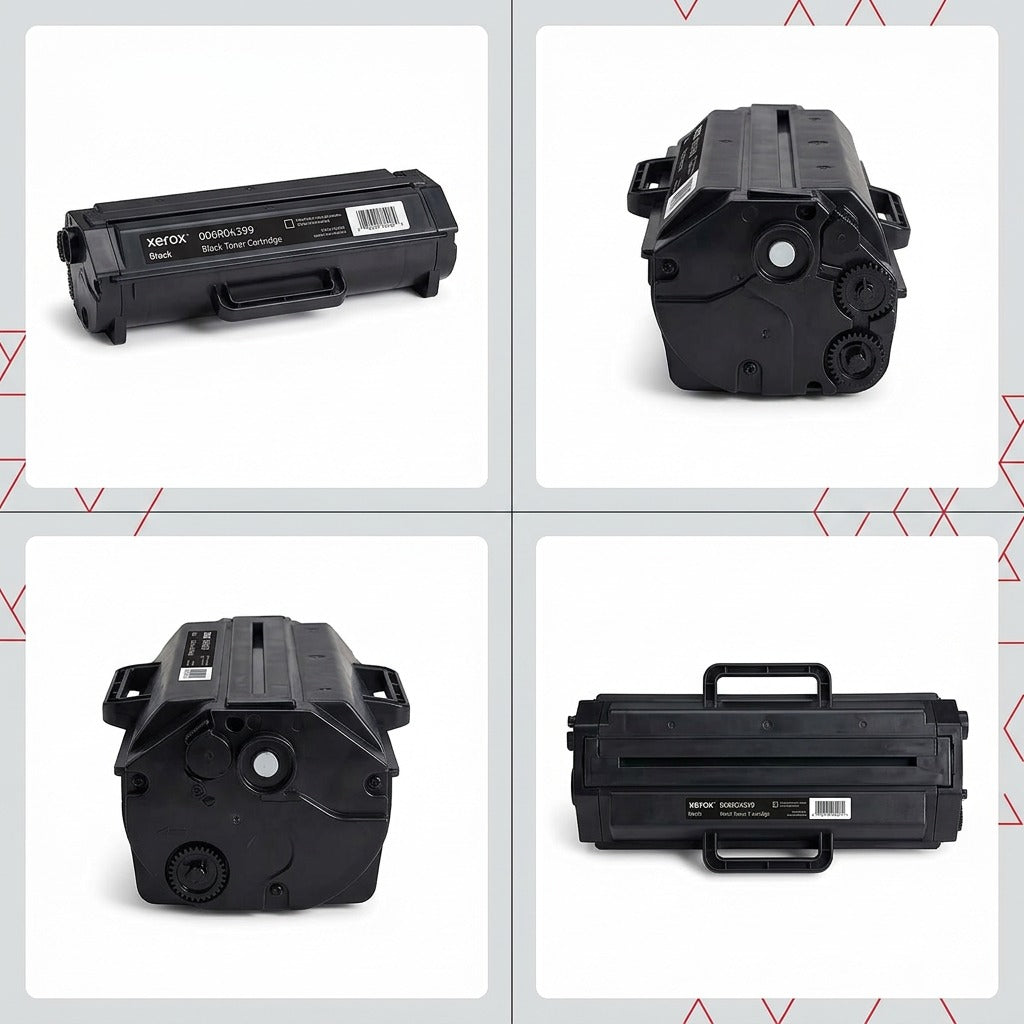 A four-panel grid on a branded background displays the single black Xerox toner cartridge from front, side, angled, and top-down views.