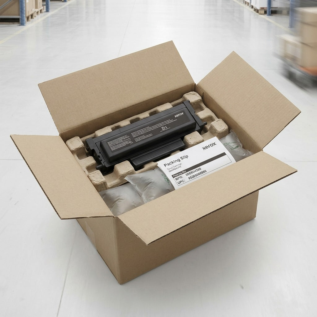 A genuine Xerox 006R04399 black toner cartridge is securely packaged in a well-padded shipping box, assuring safe delivery.