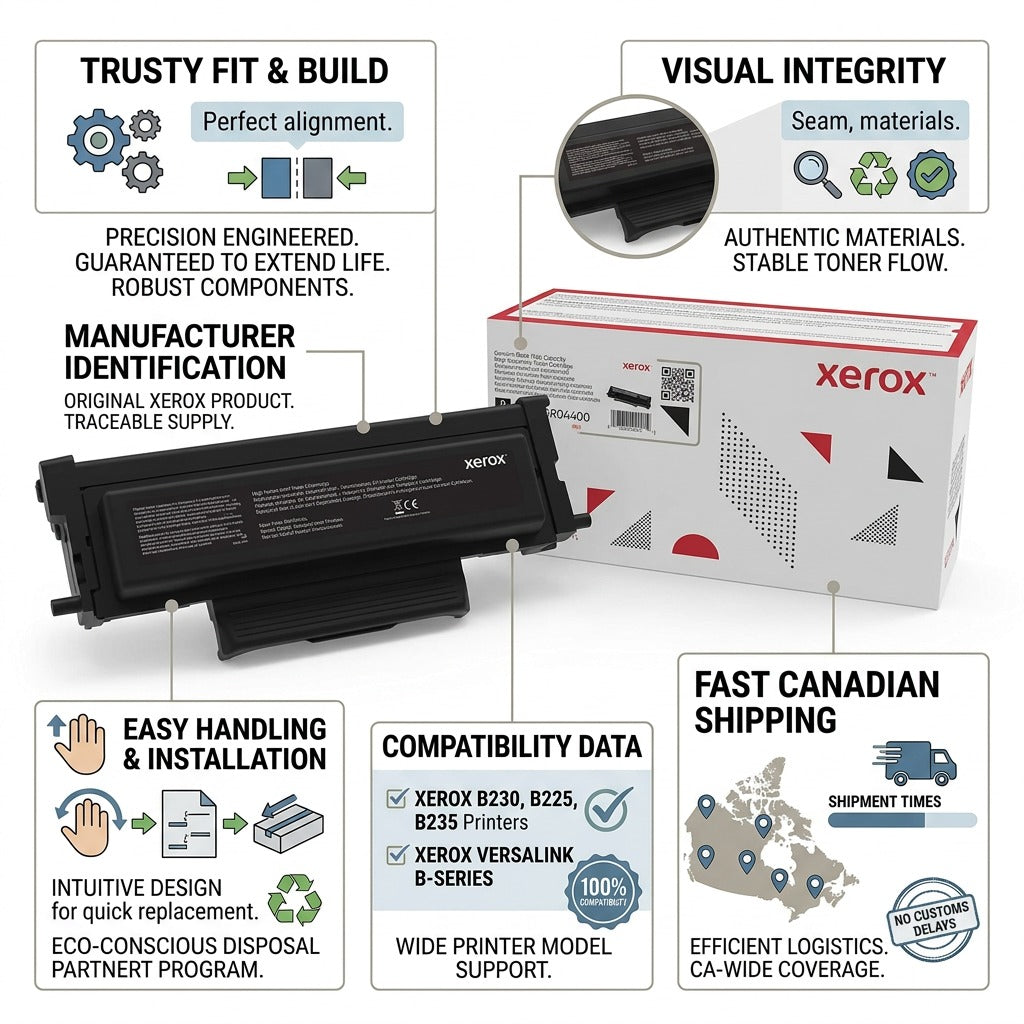PDP visual matrix infographic showcasing features and trust factors for the Genuine Xerox 006R04400 High Capacity Toner.