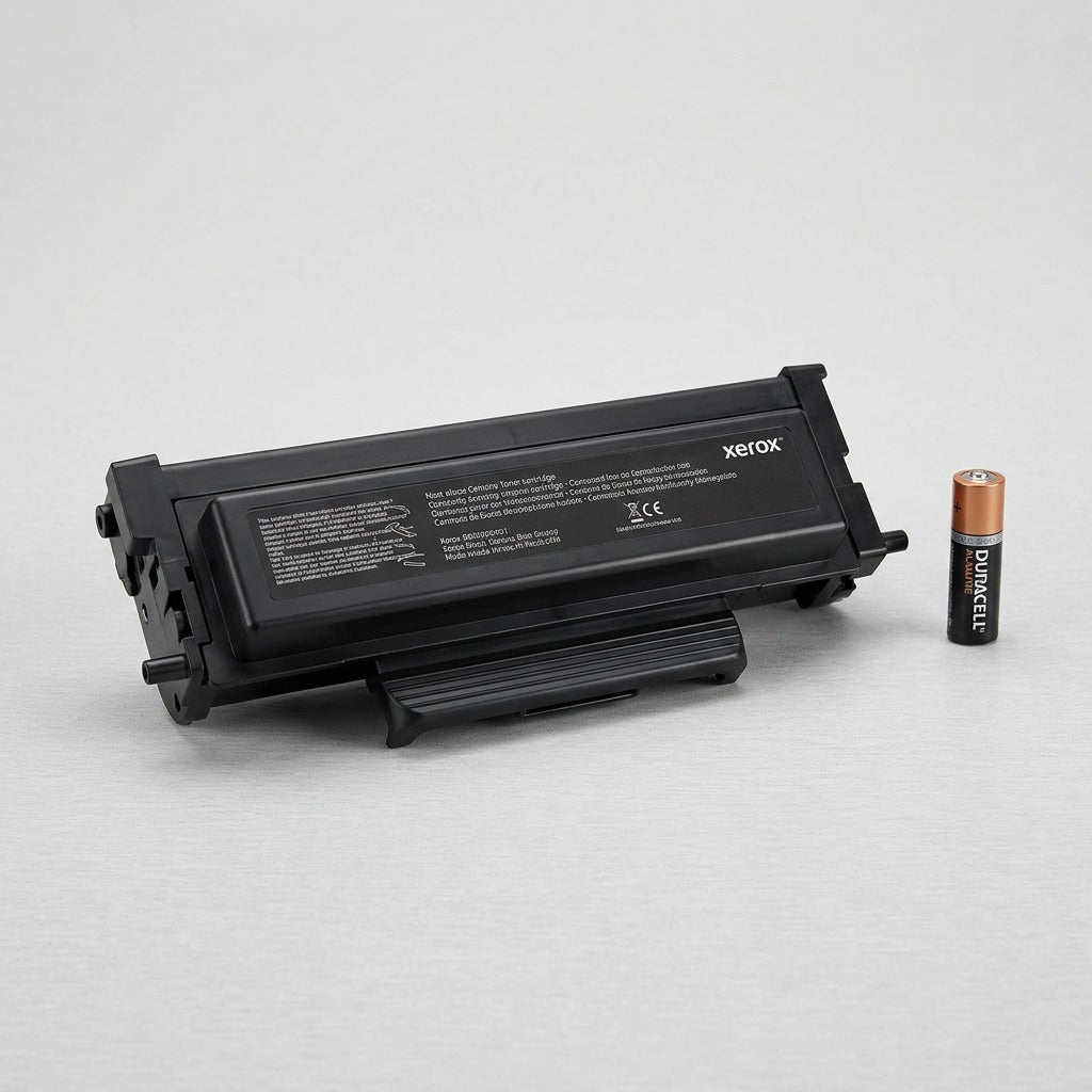 Xerox 006R04401 toner cartridge next to a standard AA battery for scale.