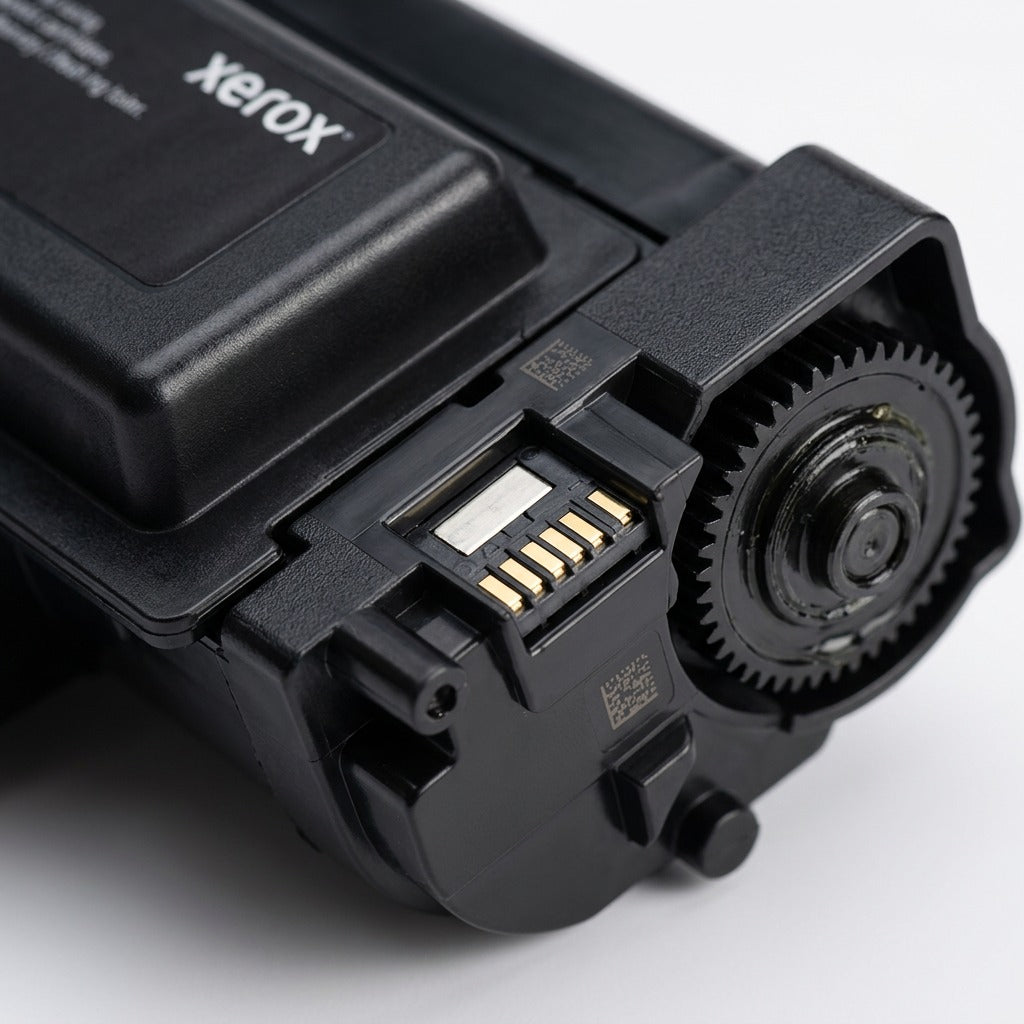 Macro close-up of Xerox 006R04401 toner cartridge chip contacts and drive gear.