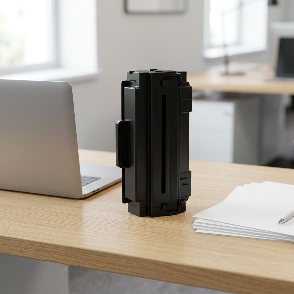 Photo showing the black Xerox B305/B310/B315 Extra High Capacity Toner Cartridge on a desk beside an object, illustrating size.