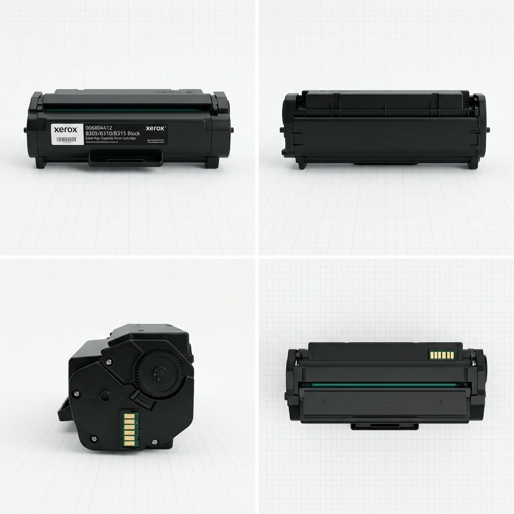 A premium 2x2 grid visualizing Xerox 006R04413 toner, showing front, rear, side, and top angles.